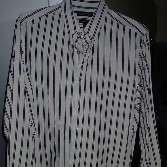 Banana Republic Mens Size Medium Pinstriped Cream Soft Cotton Grant Fit Shirt - Picture 3 of 6